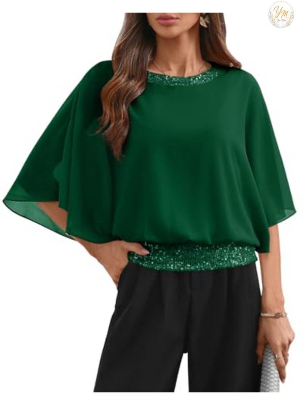 Women's Sequin Chiffon Formal Wedding Top Batwing Sleeve Party Blouse